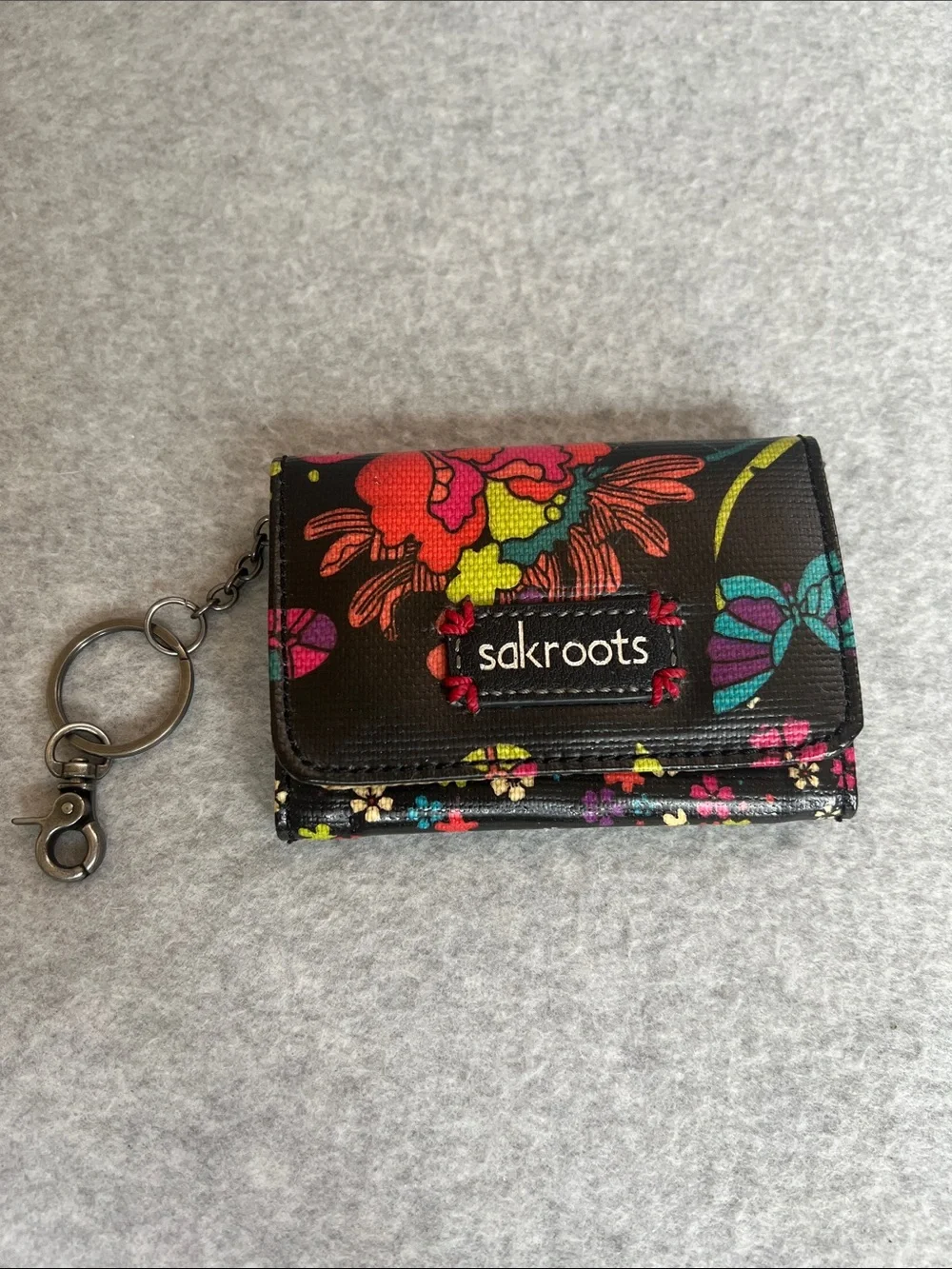 Sakroots Wallet ID Coin Purse Keychain Black Colorful Floral Vegan
